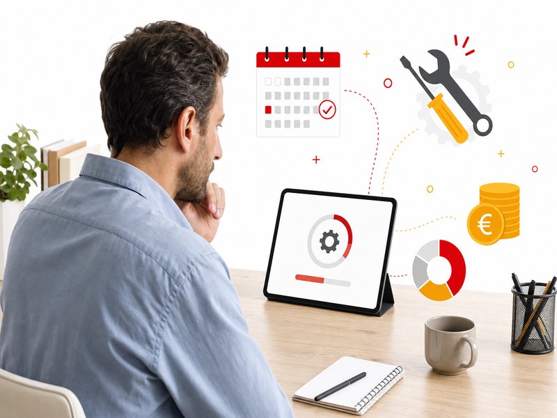 Illustration editoriale : gerant de TPE devant un ecran de mise a jour d'application, concept de maintenance et de cout recurrent d'une application mobile