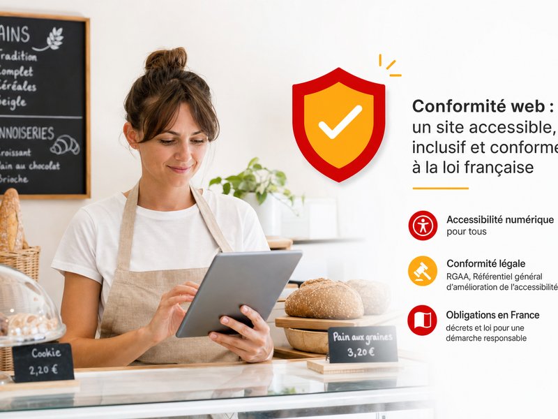Une commerçante vérifie son site internet sur une tablette à son comptoir, un bouclier de conformité stylisé en rouge et jaune flotte à côté, illustration de la mise en conformité légale d'un site de TPE