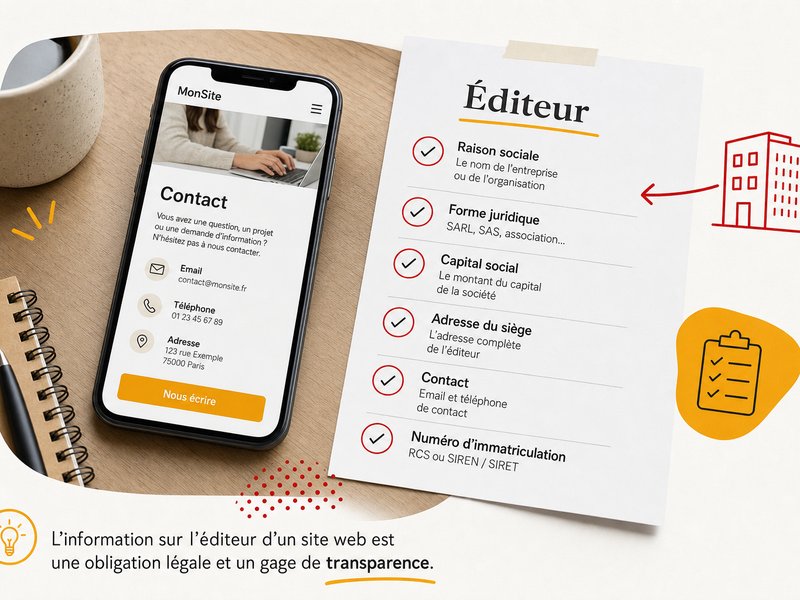 Un smartphone posé sur un bureau affiche la page contact d'un site professionnel, à côté d'une liste de vérification imprimée concernant l'éditeur du site, illustration des mentions obligatoires à vérifier