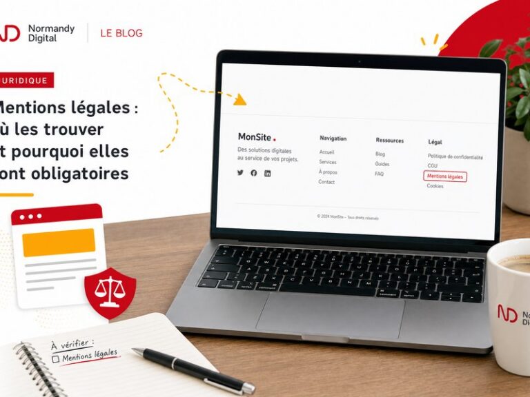 Un ordinateur portable sur un bureau en bois affiche le pied de page d'un site internet avec le lien Mentions légales visible, à côté d'un carnet, illustration éditoriale des obligations légales d'un site professionnel en France
