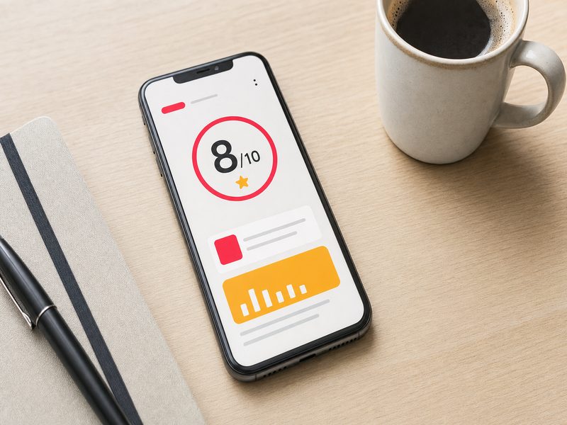 Smartphone posé sur un bureau affichant un score de 8 sur 10 entouré de rouge, illustration du niveau de qualité dans Google Ads, avec carnet, stylo et tasse de café