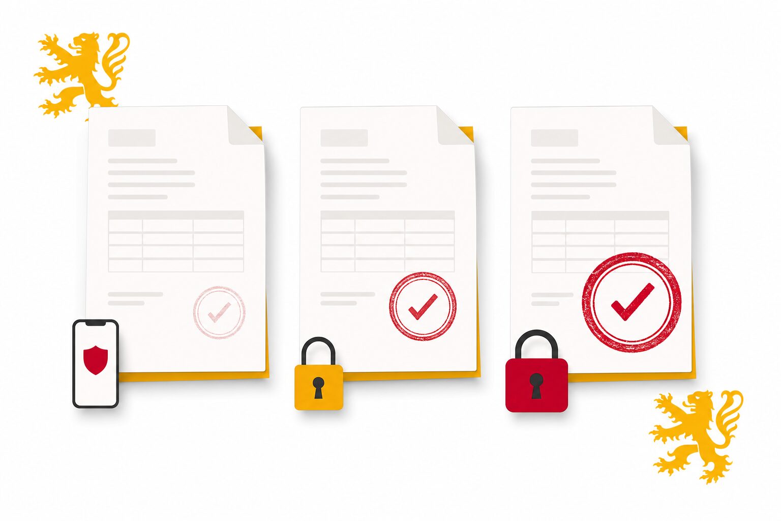 Trois documents d'entreprise avec des tampons de validation de différentes intensités, illustration des trois niveaux de la signature électronique définis par le règlement européen eIDAS