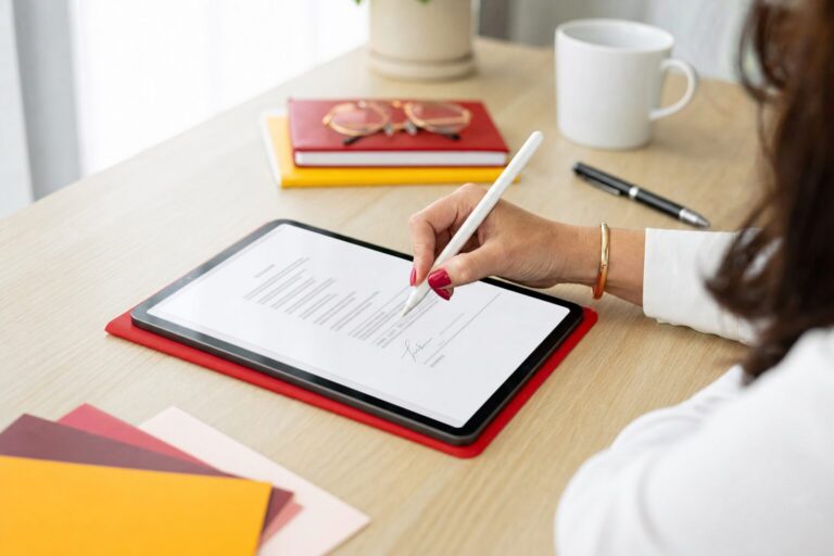 Dirigeante de TPE signant un contrat en PDF sur une tablette posée sur un bureau en bois, illustration de la signature électronique en entreprise