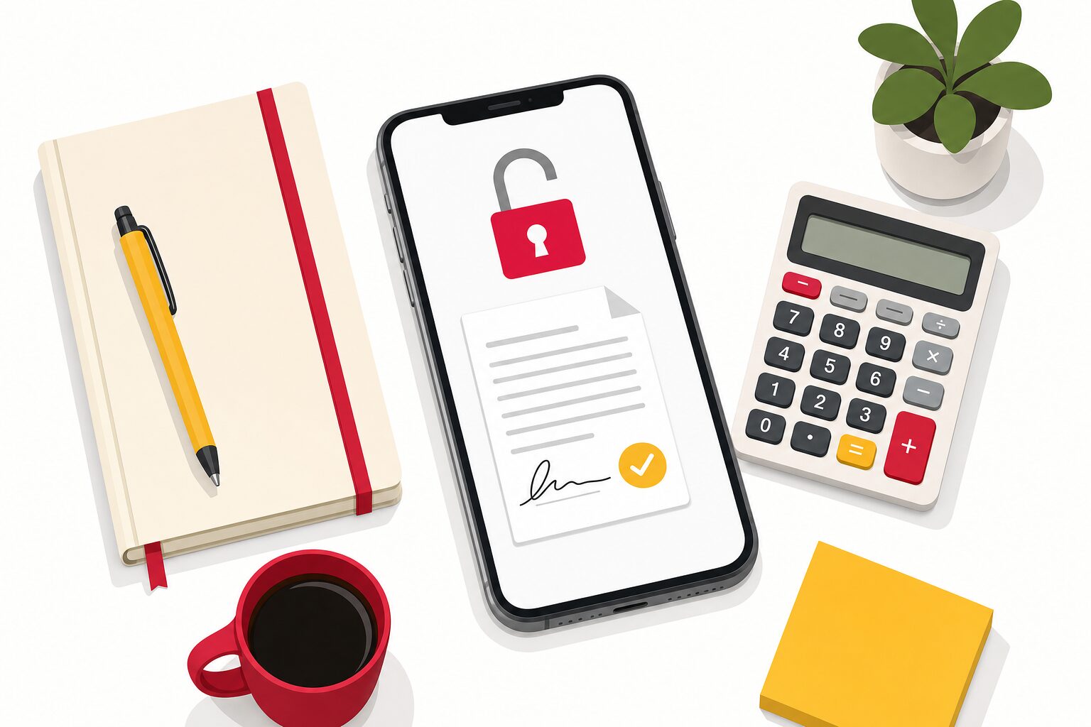 Smartphone affichant un cadenas et un document signé à côté d'un carnet, illustration de la sécurisation de l'accès à la signature électronique en TPE