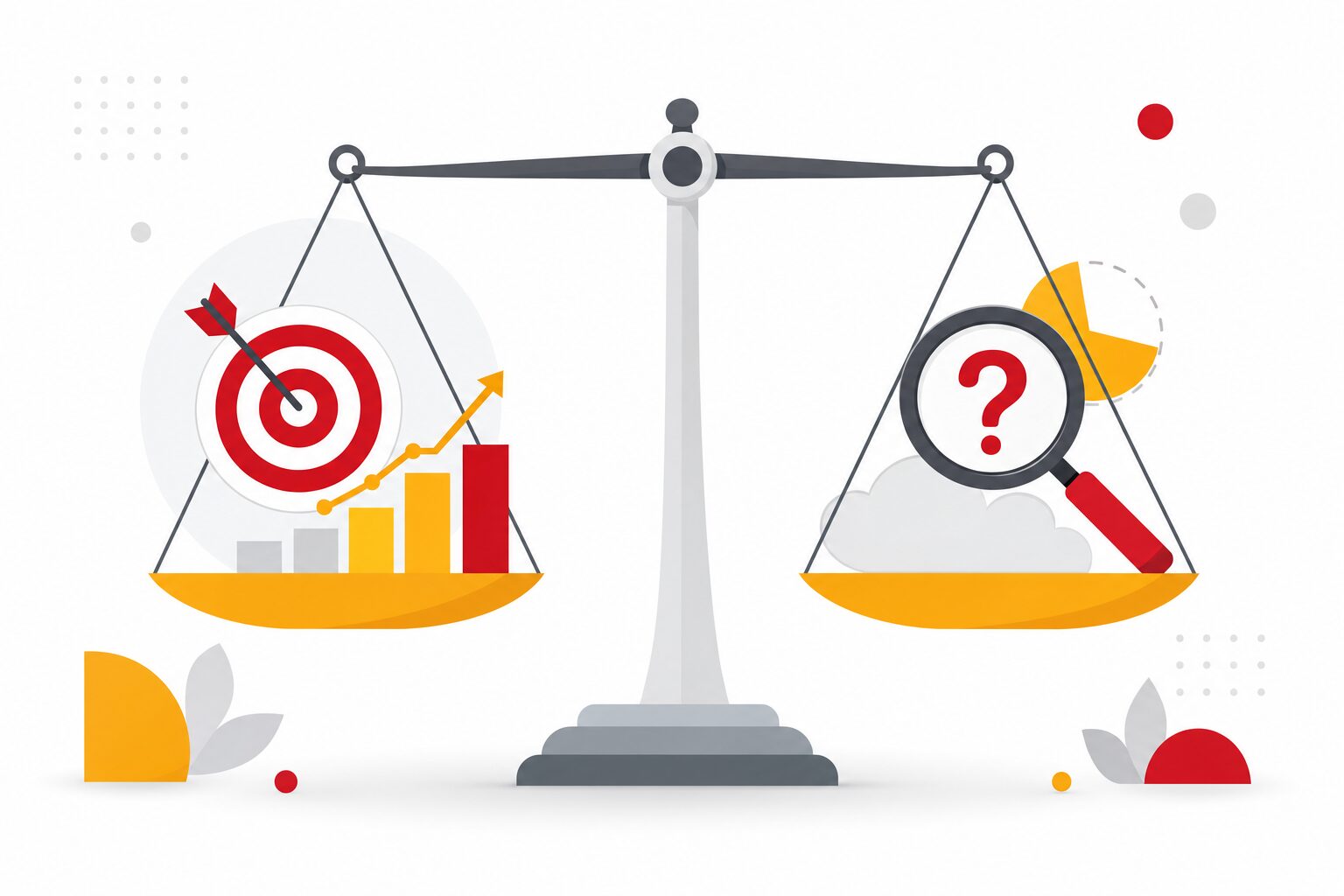 Illustration d'une balance symbolisant la mesure des résultats publicitaires face aux limites et incertitudes du ciblage : une cible avec graphique ascendant contre une loupe et un point d'interrogation, entre attribution et incrémentalité.