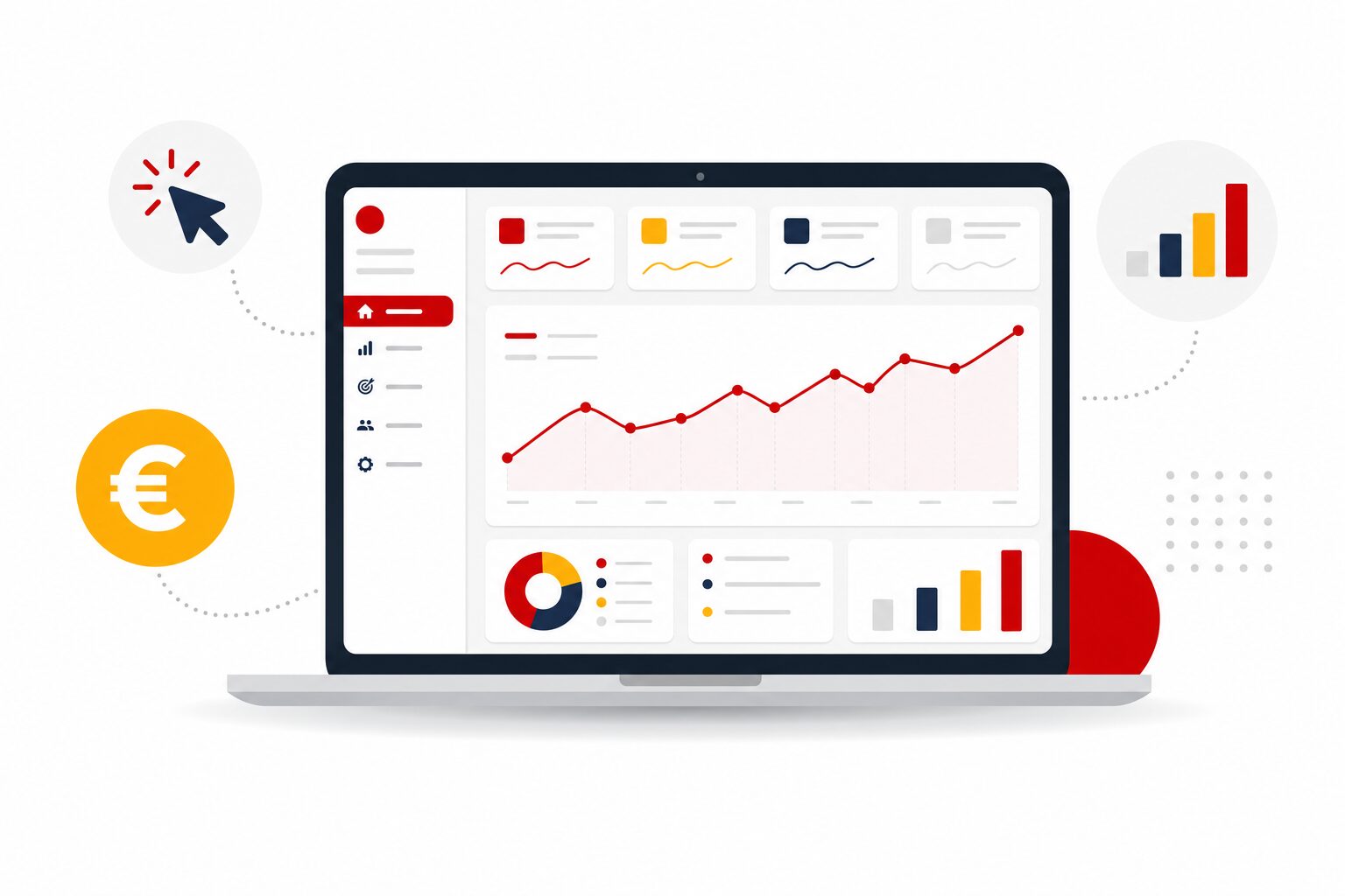 Illustration d'un ordinateur portable affichant un tableau de bord de gestion publicitaire avec courbe de performance et boutons de configuration, étapes pour lancer une première campagne ChatGPT Ads depuis l'Ads Manager en libre-service.