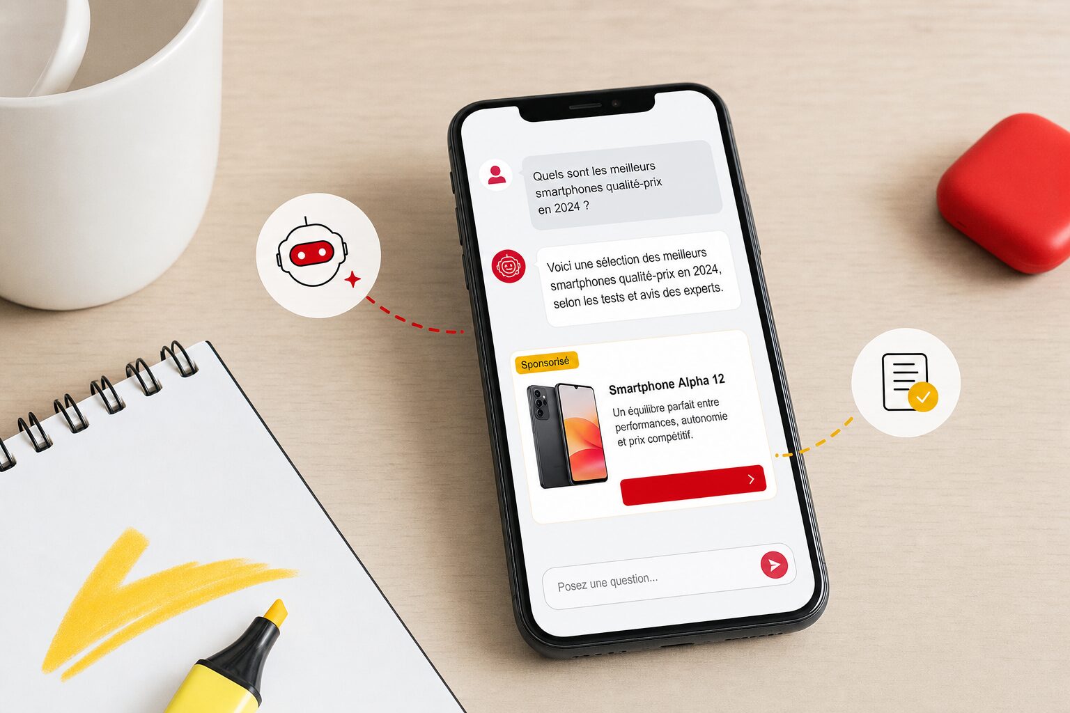Un smartphone posé sur un bureau en bois affiche une conversation avec un assistant IA : sous la réponse générée apparaît une carte publicitaire clairement étiquetée sponsorisée, illustration du fonctionnement de ChatGPT Ads pour les annonceurs français.