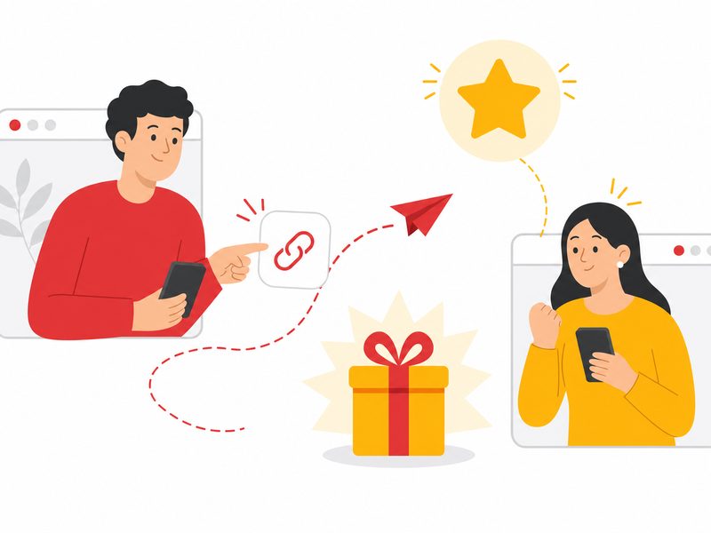 Illustration éditoriale montrant le parrainage en ligne entre deux clients, une personne envoyant un code de parrainage depuis son écran vers un autre avec une récompense, flat design sur fond blanc avec accents rouges et jaunes