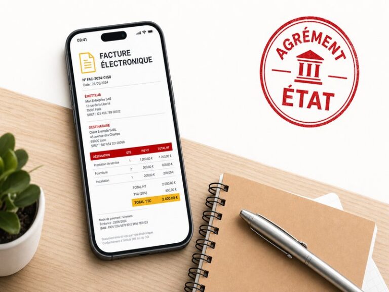 Un smartphone affichant une facture electronique au format Factur-X pose sur un bureau en bois, avec un tampon rouge agrement Etat, illustration de la plateforme agreee obligatoire pour la facturation electronique des TPE