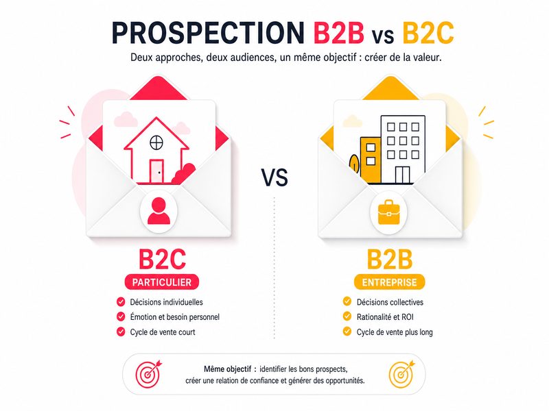 Deux enveloppes côte à côte, une icône de maison pour le particulier et une icône de bâtiment pour l’entreprise, illustration éditoriale claire comparant la prospection B2B et B2C