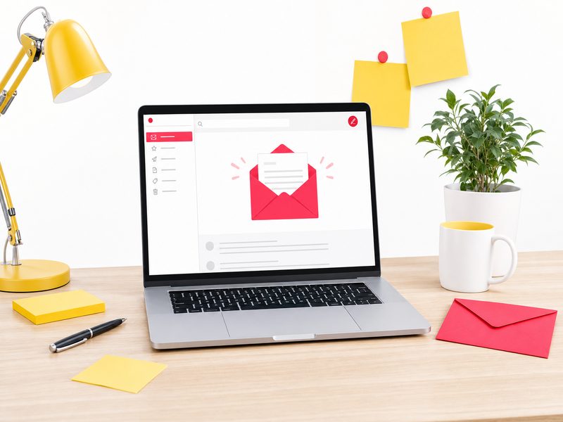 Ordinateur portable ouvert affichant une boîte mail avec une enveloppe, post-it jaunes et enveloppe papier sur un bureau en bois clair, illustration éditoriale claire aux accents rose et jaune