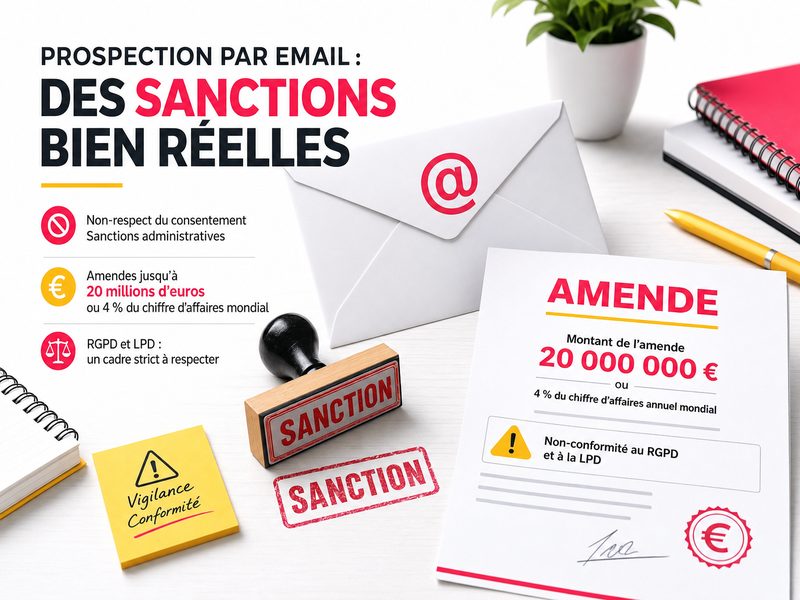 Enveloppe avec un tampon rouge et un document d’amende posés sur un bureau clair, illustration éditoriale claire sur les sanctions de la prospection par email