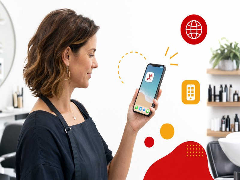 Illustration editoriale : ecran d'accueil d'un smartphone avec une icone de web app installee, concept de Progressive Web App pour une petite entreprise, accents rouge et jaune