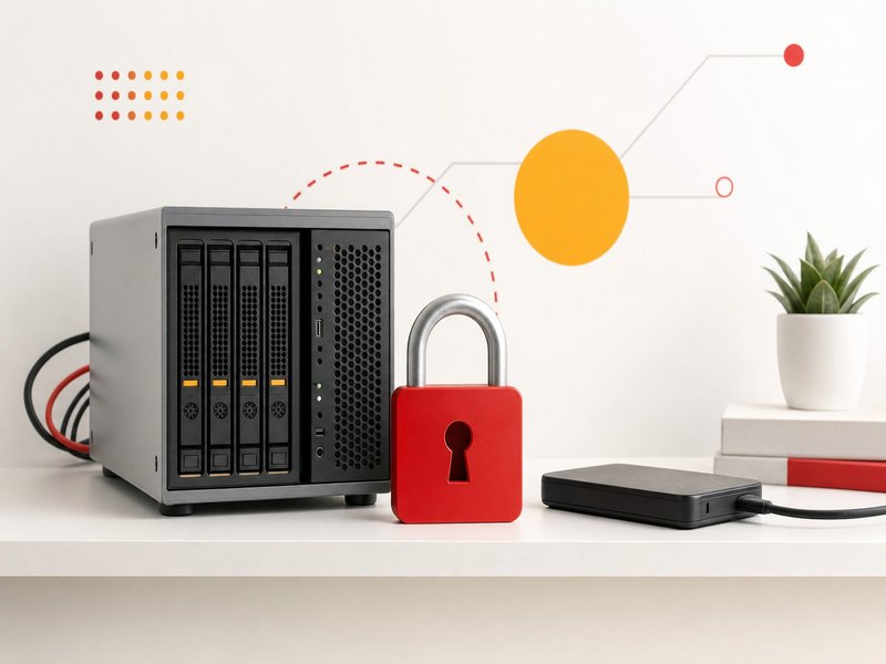 Serveur d'entreprise et disque dur portable avec un cadenas rouge symbolisant l'exfiltration de données, illustration de la hausse des fuites de données selon l'ANSSI