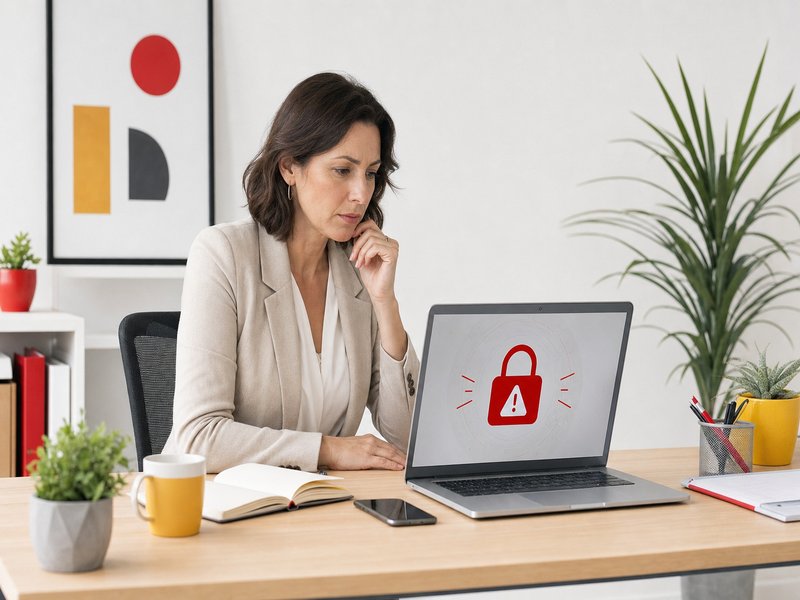 Dirigeante de petite entreprise consultant une alerte de sécurité informatique sur son ordinateur portable au bureau, illustration du risque de rançongiciel pour les TPE