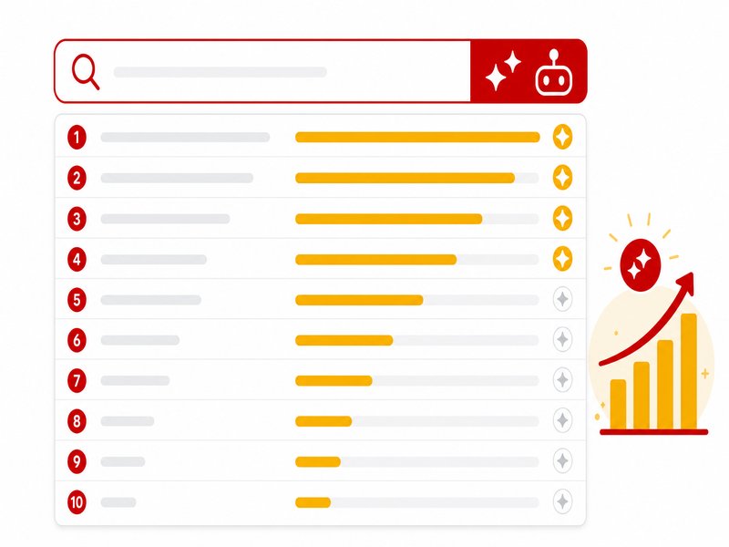 Illustration editoriale d'un tableau de requetes de recherche classees par taux de declenchement d'une reponse IA, accents rouge et jaune sur fond clair