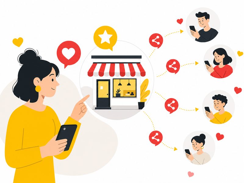 Illustration éditoriale montrant une personne partageant et recommandant un commerce sur les réseaux sociaux, avec des bulles de partage et des likes qui se propagent, flat design sur fond blanc avec accents rouges et jaunes