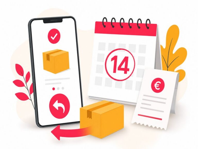 Illustration du délai de rétractation de 14 jours en vente en ligne : smartphone avec flèche de retour, calendrier marqué 14 jours en rouge et reçu de remboursement