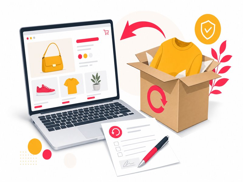 Illustration d'une boutique en ligne avec un colis retourné, montrant le délai de rétractation de 14 jours imposé au vendeur