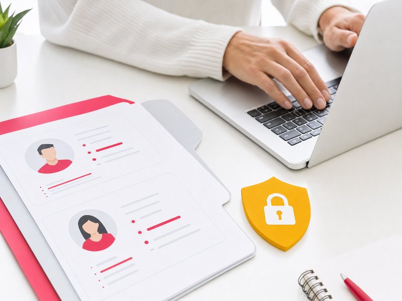 Mains devant un clavier d'ordinateur portable avec des dossiers clients et un bouclier de protection, illustration du RGPD appliqué aux données collées dans les prompts d'IA