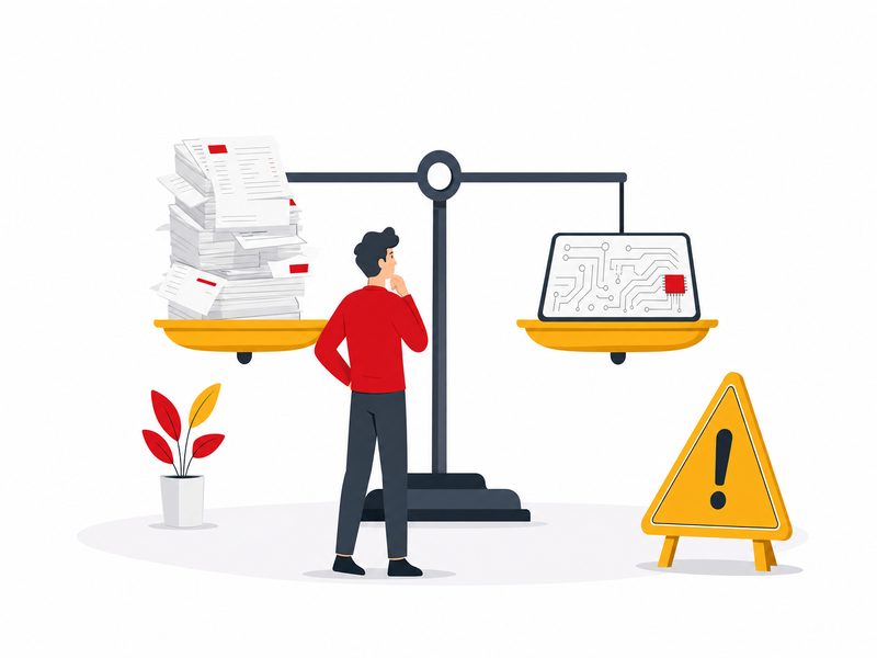 Illustration d'un entrepreneur face à une balance entre factures papier et électronique pour évoquer les sanctions de la réforme