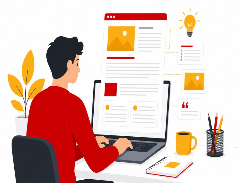 Illustration editoriale d'une personne redigeant un article structure sur un ordinateur portable avec des blocs de texte organises, accents rouge et jaune sur fond clair