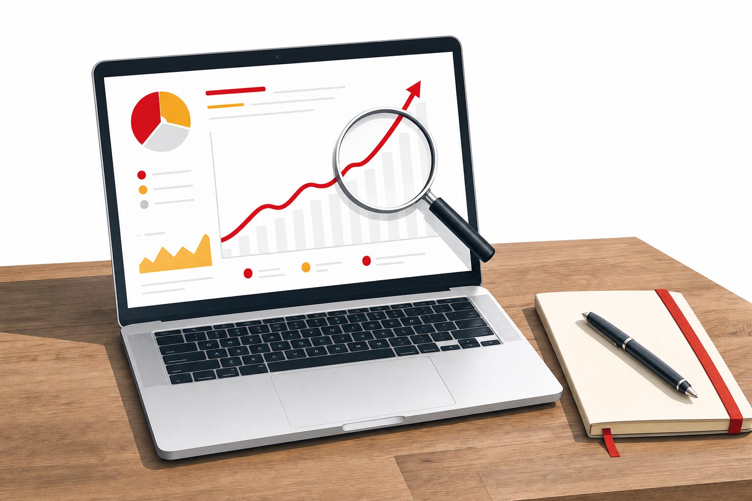 Ordinateur portable sur un bureau en bois affichant un graphique de croissance avec une loupe : illustration editoriale de la progression de l intelligence artificielle dans les TPE PME francaises en 2025