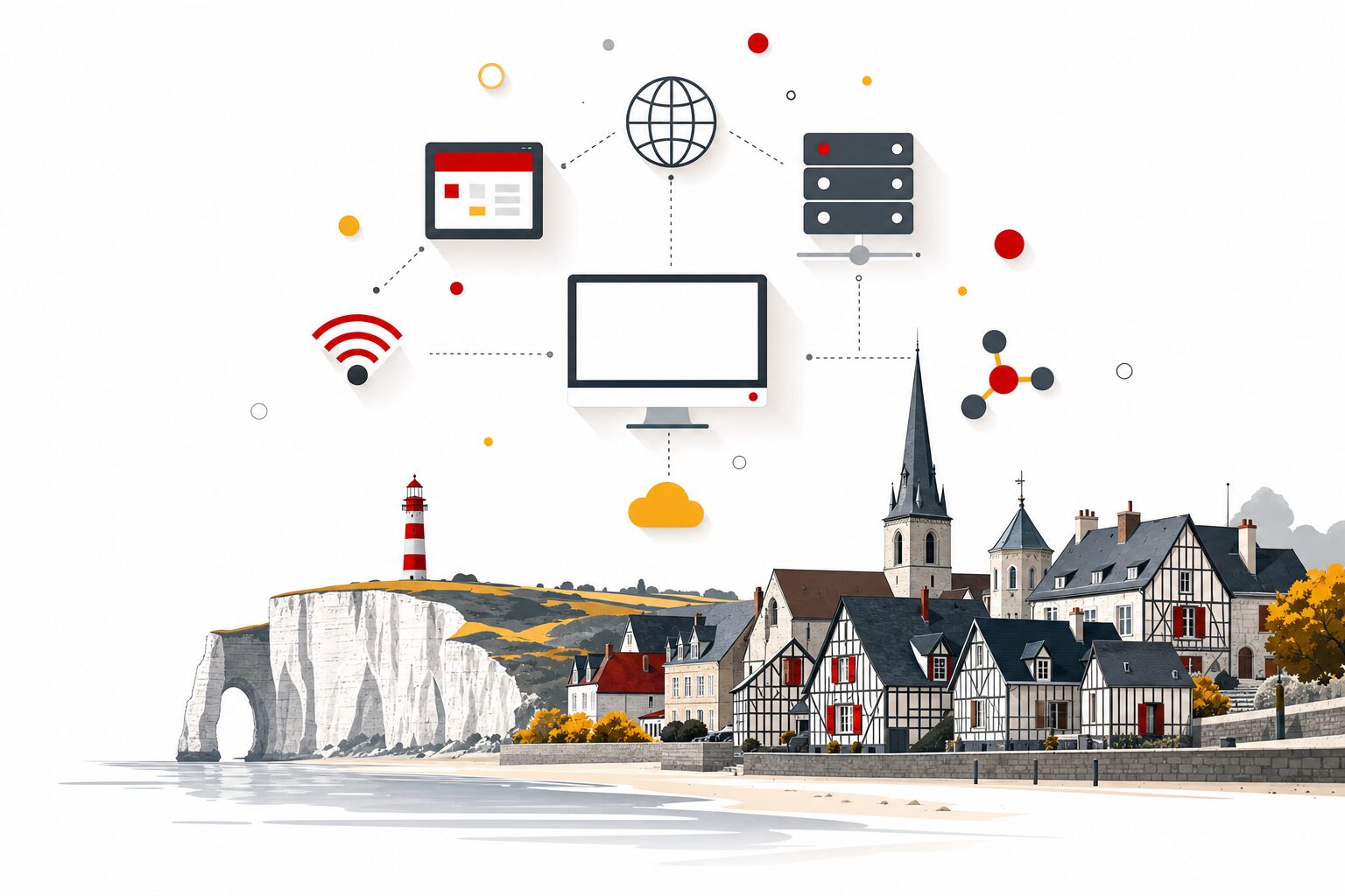 Village normand a colombages et clocher sous des icones numeriques flottantes : illustration editoriale du numerique dans l economie normande et des creations d entreprises record