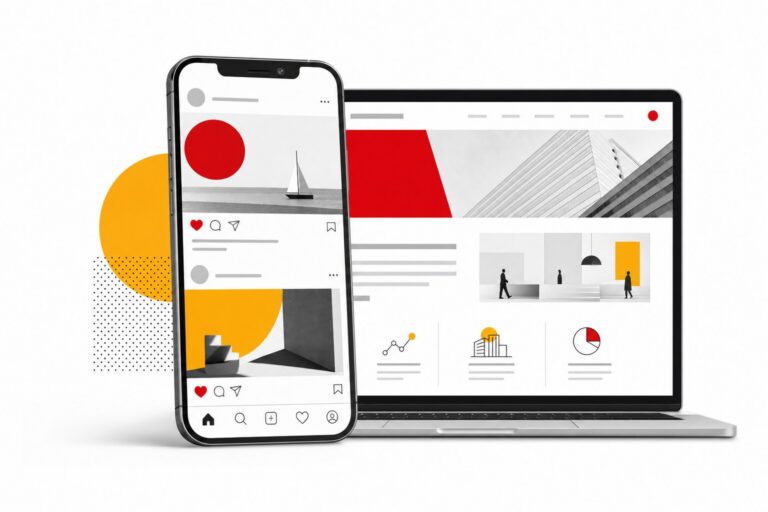 Smartphone affichant un fil de reseaux sociaux posé devant un ordinateur portable montrant un site web d entreprise : illustration editoriale du Barometre France Num 2025 sur la visibilite en ligne des TPE PME