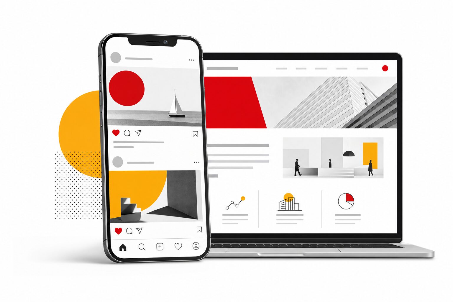 Smartphone affichant un fil de réseaux sociaux posé devant un ordinateur portable montrant un site web d entreprise : illustration editoriale du Barometre France Num 2025 sur la visibilite en ligne des TPE PME