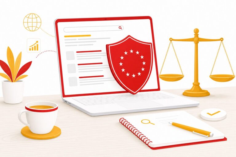 Illustration éditoriale : ordinateur portable protégé par un bouclier rouge aux étoiles européennes et une balance de justice jaune, représentant la levée des sanctions manuelles anti-parasite SEO de Google pour les utilisateurs européens à partir du 30 août 2026.