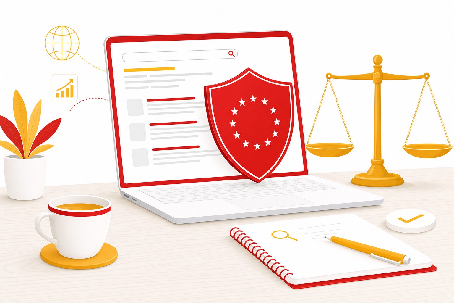 Illustration éditoriale : ordinateur portable protégé par un bouclier rouge aux étoiles européennes et une balance de justice jaune, représentant la levée des sanctions manuelles anti-parasite SEO de Google pour les utilisateurs européens à partir du 30 août 2026.
