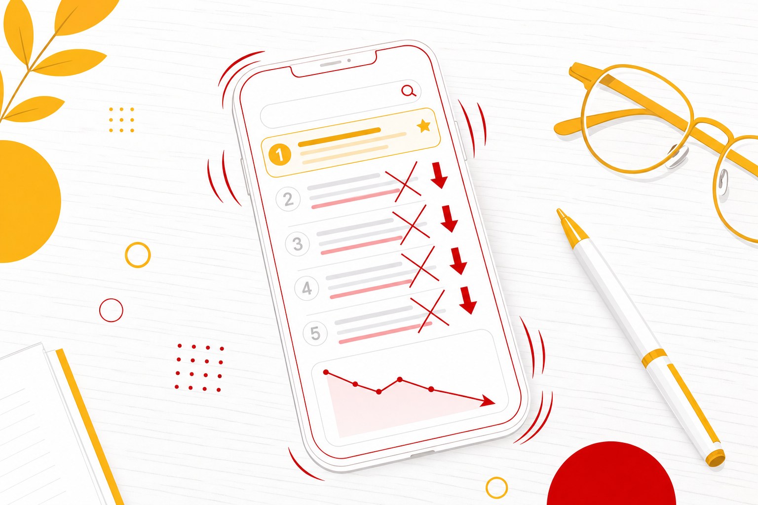 Illustration éditoriale : smartphone affichant des résultats de recherche bousculés par des flèches rouges descendantes et une courbe de classement en chute, illustrant l'impact de la spam update d'août 2026 sur les positions Google des sites web.