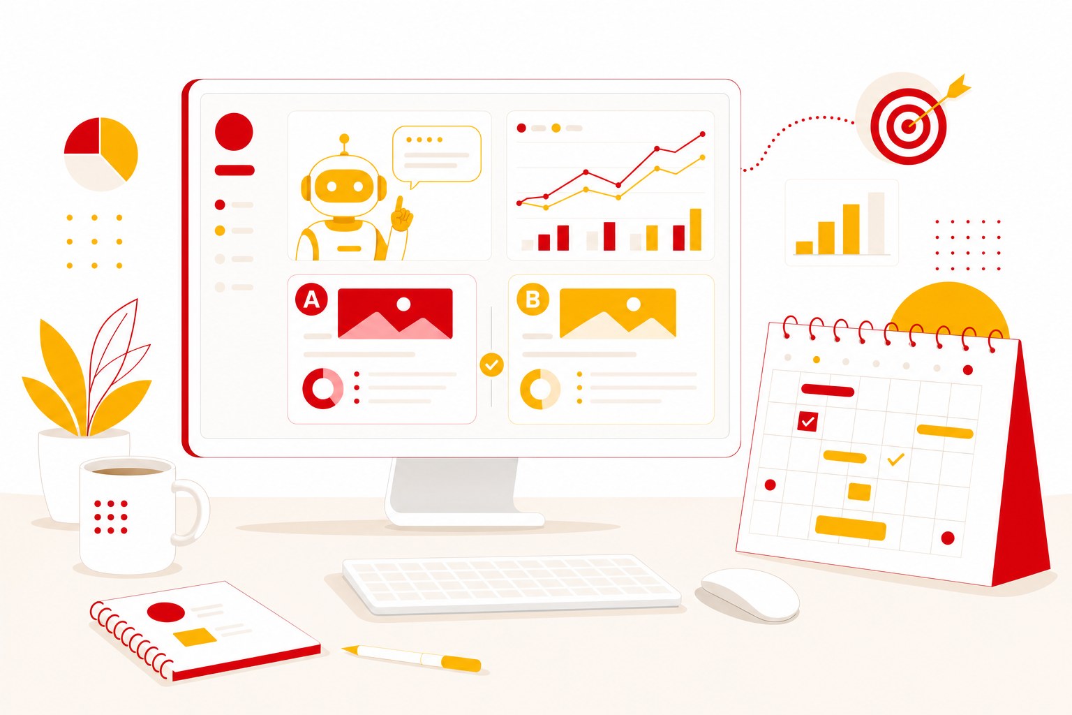 Illustration éditoriale : écran de bureau avec un tableau de bord publicitaire aux accents jaunes et rouges, un assistant IA robotisé et des panneaux de test A/B, illustrant les nouveaux outils de test et de planification de Google Ads AI Max en septembre 2026.
