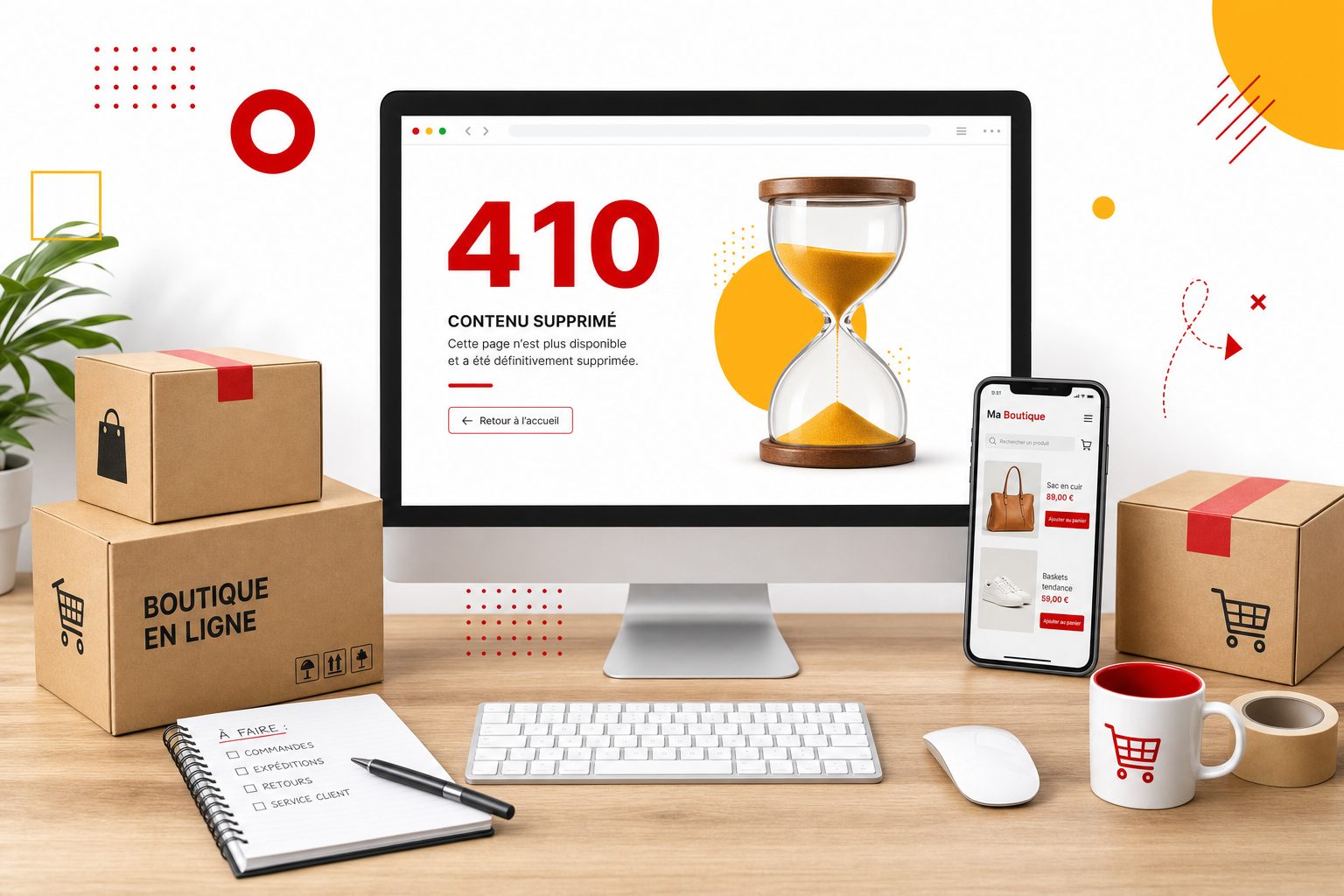 Illustration éditoriale : cartons d expédition d une boutique en ligne sur un bureau, un écran affichant le code d erreur 410 en rouge avec un sablier jaune, symbolisant l extinction de la Content API for Shopping de Google Merchant Center en septembre 2026.