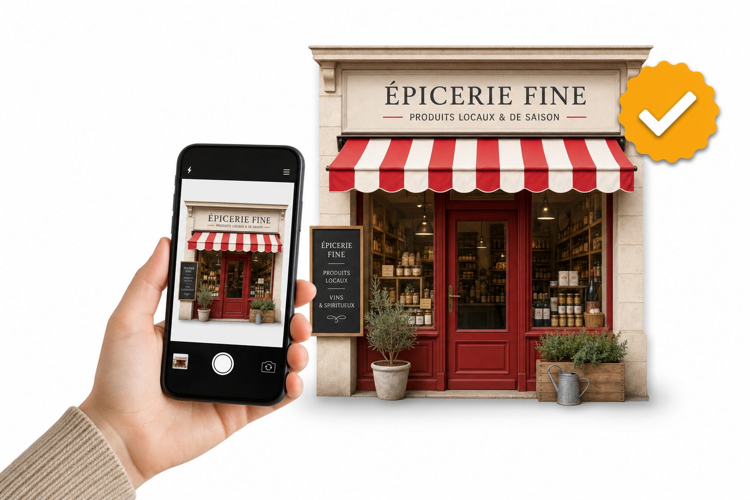 Illustration éditoriale : une main tenant un smartphone photographiant la façade d une boutique française avec un badge de vérification jaune, symbolisant la nouvelle option de vérification par photo des fiches Google Business Profile.