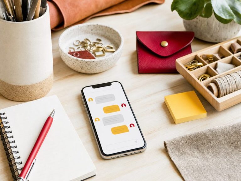 Smartphone posé sur un bureau d'artisan affichant une conversation avec un client, illustration de l'usage de WhatsApp Business dans une petite entreprise