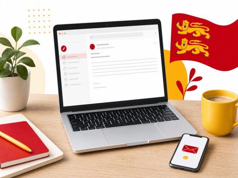 Un ordinateur portable sur un bureau en bois affiche une messagerie professionnelle, avec un smartphone et une tasse, illustration editoriale aux accents rouge et jaune