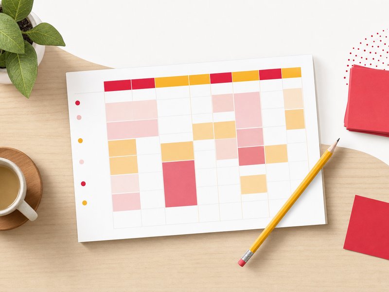 Vue de dessus d'un planning hebdomadaire colorié par blocs d'activité sur un bureau en bois, style éditorial avec accents rouge framboise et jaune