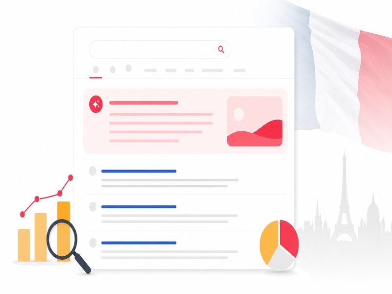 Interface Google Search affichant un résumé IA AI Overviews en haut des résultats, avec des liens bleus en dessous et le drapeau français en filigrane.