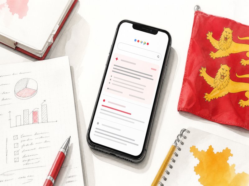 Smartphone affichant une recherche Google avec un AI Overview en français, posé sur un bureau clair avec des notes manuscrites et un drapeau normand.