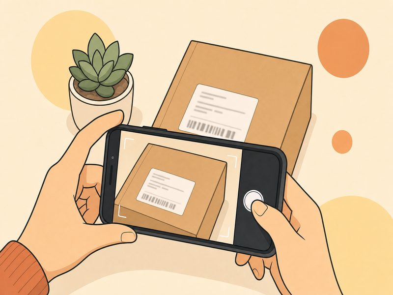Un colis en carton photographié par un smartphone, étiquette de livraison floue, illustration éditoriale sur fond crème