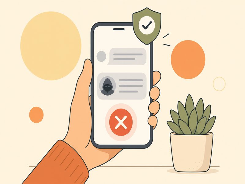 Une main qui bloque un message suspect sur son smartphone avec un bouclier de sécurité, illustration éditoriale sur fond crème
