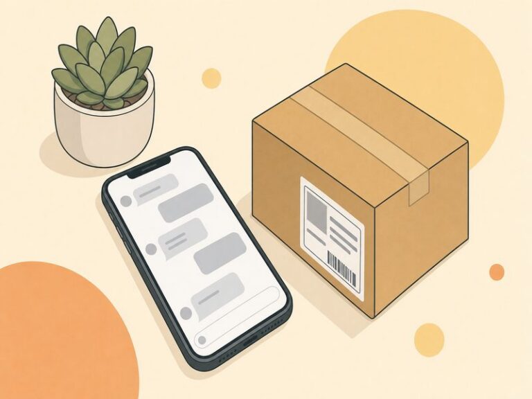 Un smartphone posé à côté d'un colis en carton, écran affichant des messages suspects, illustration sur fond crème