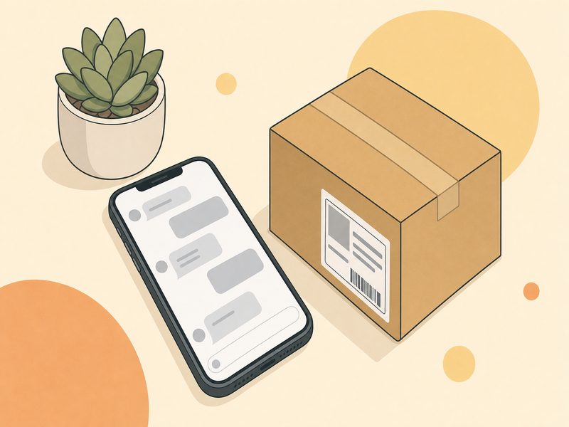 Un smartphone posé à côté d'un colis en carton, écran affichant des messages suspects, illustration éditoriale sur fond crème