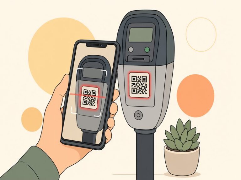 Illustration éditoriale d'un smartphone scannant un QR code collé sur un parcmètre : l'autocollant malveillant est entouré d'une lueur rouge d'avertissement, symbole du quishing, l'arnaque par faux QR code dans la rue.