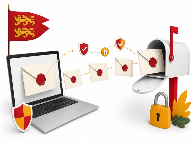 Des enveloppes scellées et des boucliers partent d'un ordinateur vers une boîte aux lettres, concept d'authentification des emails, illustration éditoriale rouge et jaune sur fond blanc