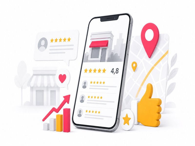 Smartphone affichant une fiche Google avec des avis 5 étoiles et une note de 4,8. Illustration éditoriale pour un article sur les avis Google et le référencement local.