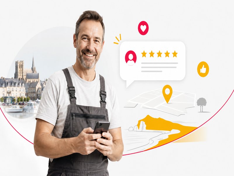 Artisan souriant tenant un smartphone, illustrant la satisfaction client et l importance des avis Google pour les TPE et artisans en Normandie.