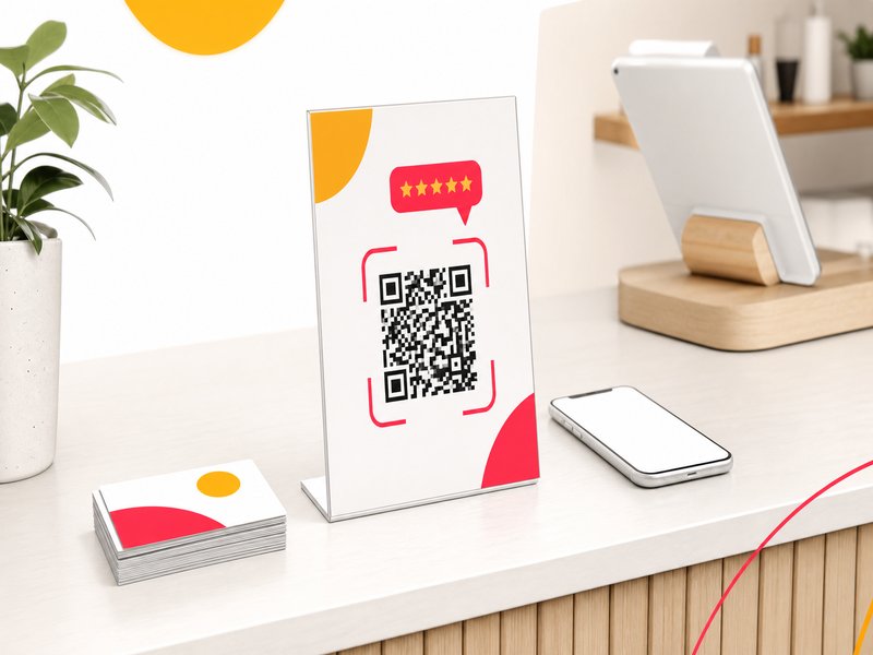 Présentoir QR code sur un comptoir invitant les clients à laisser un avis Google. Cartes de visite et smartphone à côté. Concept de demande d avis en boutique.